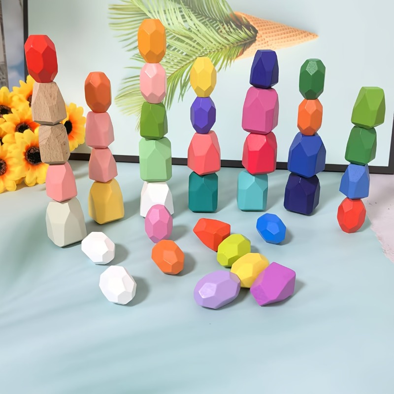 20個の木製積み重ねバランスストーン、木製スタッカブルストー - Party Games Easter For Kids のレビューと価格